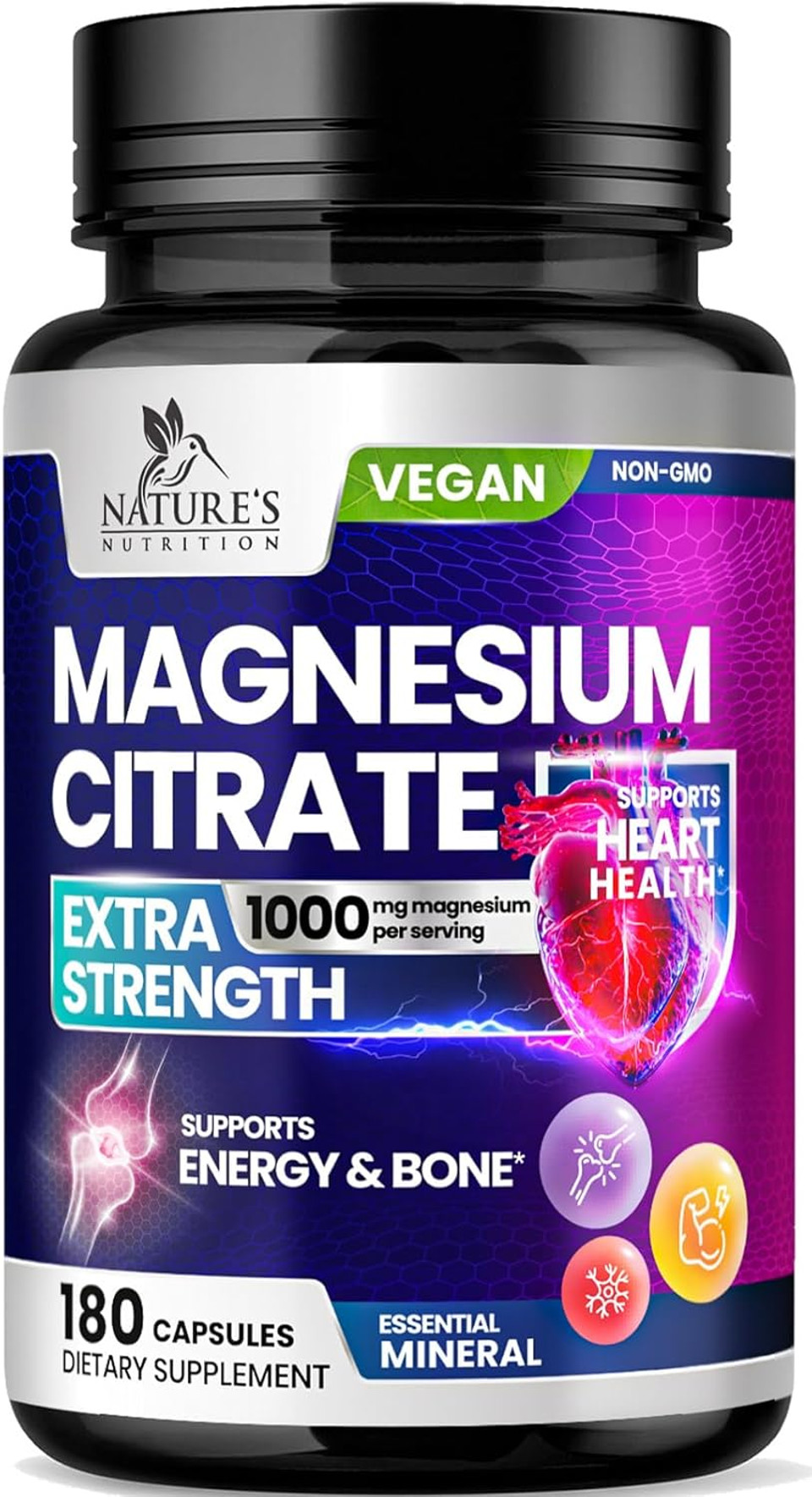 Magnesium Citrate Supplement 1000 Mg Chelated For Best Absorption, Supports Bone, Heart Health, Nerves, Muscles, Metabolism & Calm, Nature'S Pure Magnesio Vitamin Pills, Bottled In Usa - 180 Capsules