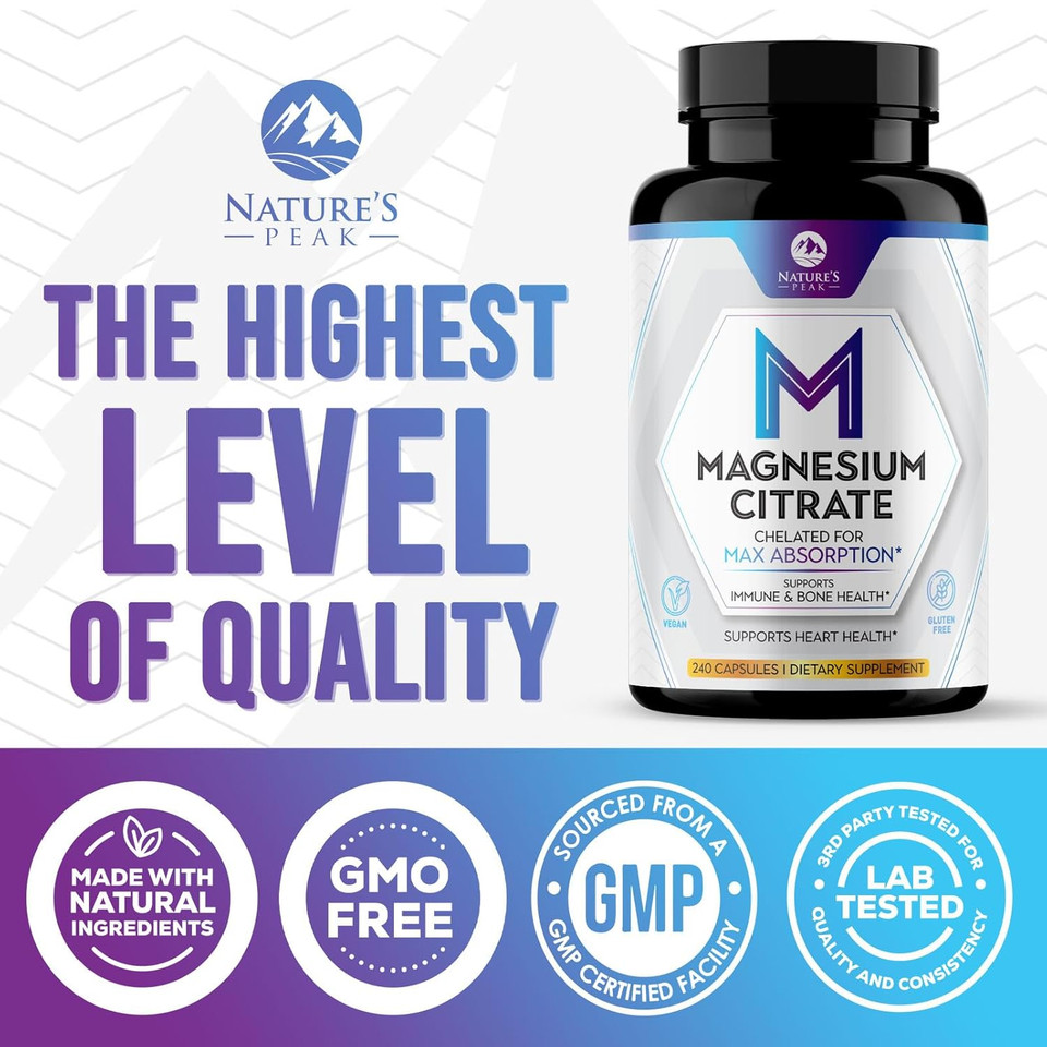 Magnesium Citrate Extra Strength 1000 Mg - High Absorption Magnesium Supplement For Muscle, Bone, Nerve & Heart Health Support, Magnesio Vitamin Pills, Non-Gmo, Nature'S Premium Formula - 240 Capsules