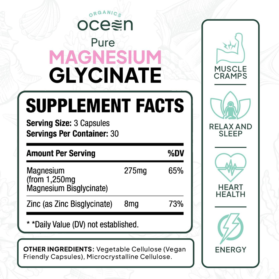 Pure Magnesium Glycinate With Zinc - Maximum Strength Chelated Magnesium Supplement For Women And Men For Muscle Cramps And Sleep Support - 90 Capsules