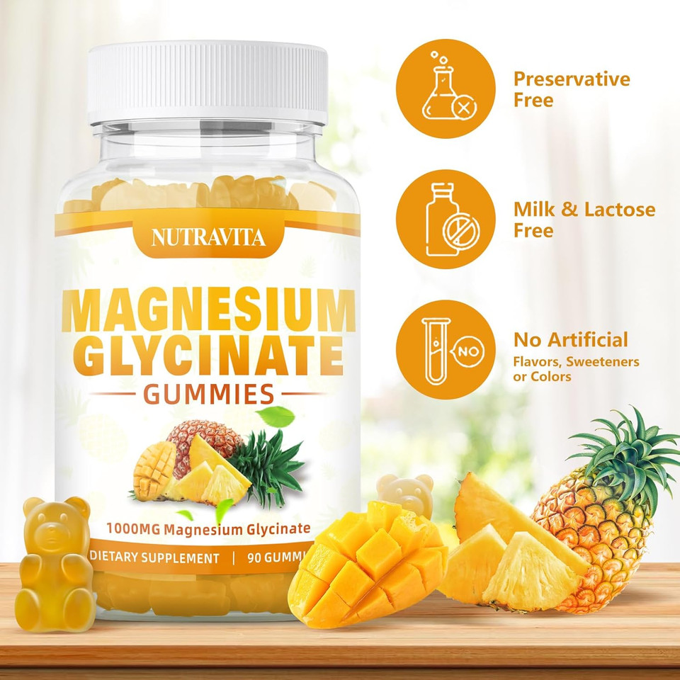 Magnesium Glycinate Gummies 1000Mg With Magnesium L-Threonate,Chelated Magnesium Potassium Complex Supplement With Vitd, B6, Coq10, Calcium,Supports For Memory, Calm, Mood - 90 Mango Pineapple Gummies