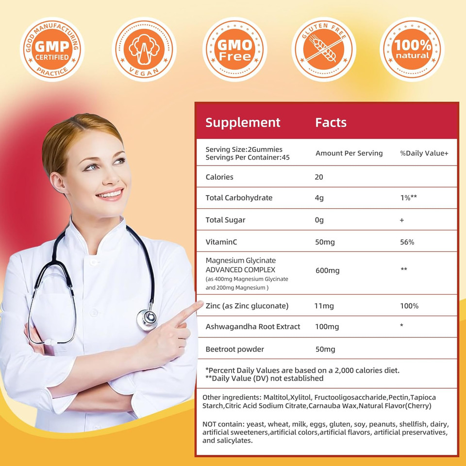 90 Count Magnesium Glycinate Gummies 400Mg W/Ashwagandha Supplement - Sugar Free Zinc Magnesium Glycinate Supplement Ashwagandha Gummies For Adults