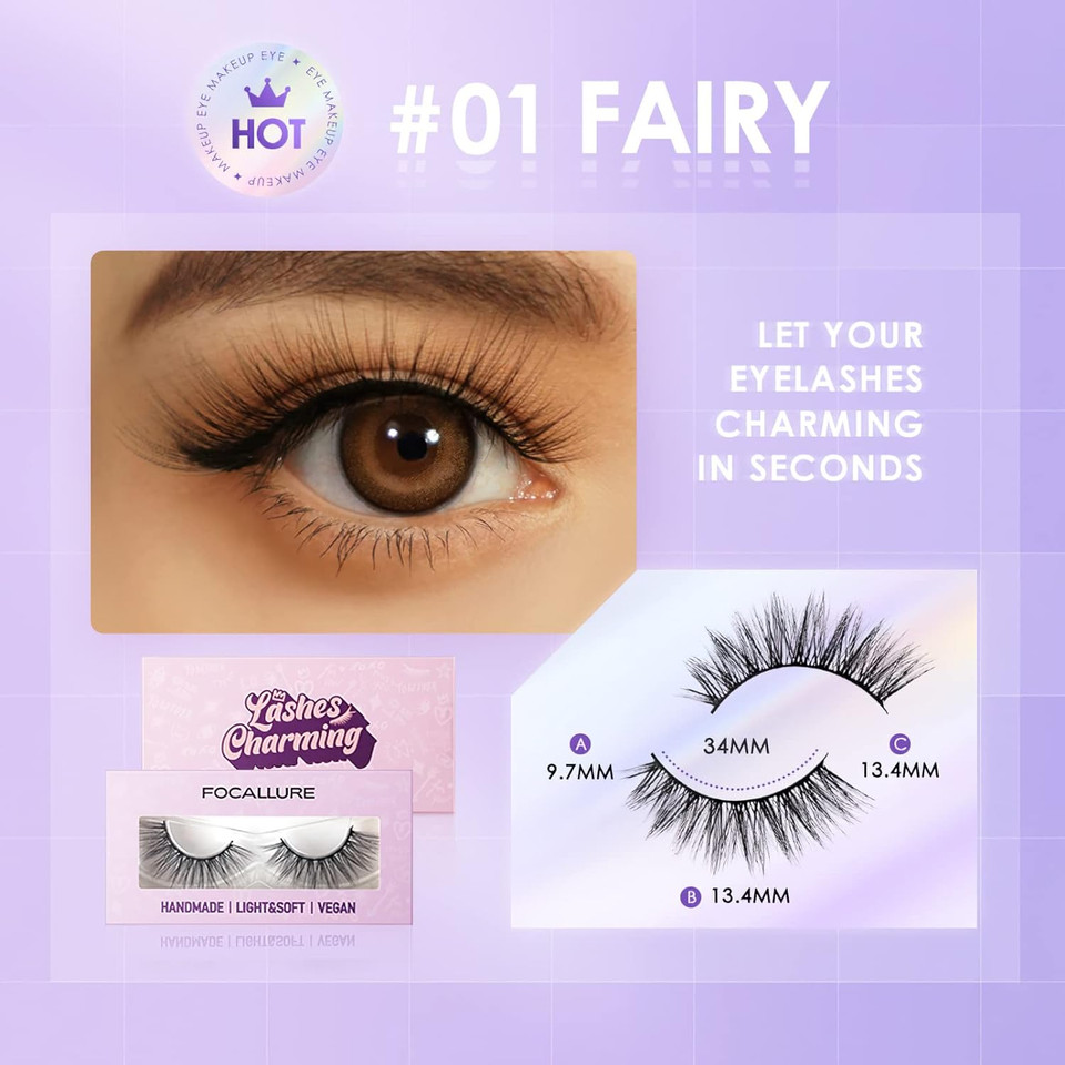 Focallure Lashes Charming False Eyelash, Faux Mink Lashes, Extension Look Cat Eye Natural Lashes, Easy To Apply, Reusable, Cruelty-Free, Contact Lens Friendly, 1 Pair, 01 Fairy01 Fairy