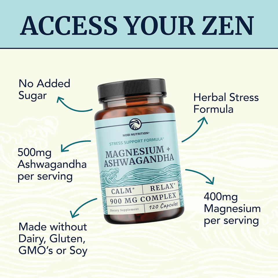 Magnesium Ashwagandha | Calming Magnesium Supplement For Adults | Relax, Rest, Calm Mood & Sleep Support | Mag Citrate & Oxide 400 Mg + Ashwagandha 500 Mg | Muscle Health & Stress Relief | 120 Ct
