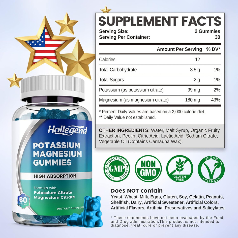 Potassium Magnesium Gummies, High Absorption Potassium Citrate 99Mg Magnesium Citrate 180Mg, Chewable Gummy Supplements For Leg Cramps & Muscle, 60 Count
