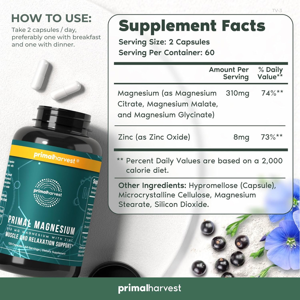 Magnesium Supplement Complex 310Mg By Primal Harvest With Magnesium Glycinate, Citrate, Malate, And Zinc 120 Capsules