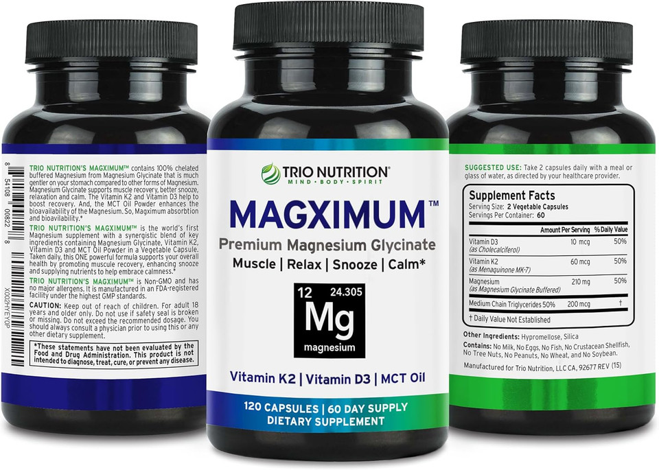 Trio Nutrition Magx Magnesium Glycinate, Vitamin D3, Vitamin K2 & Mct Oil | Chelated Magnesium Supplement | Calm, Relaxation & Recovery | Be Well Rested & Start Your Day With Magximum