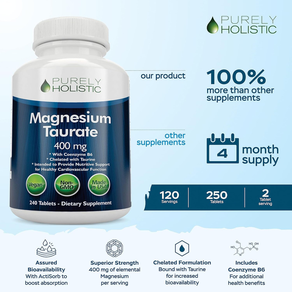 Magnesium Taurate 400Mg Tablets - Chelated Magnesium With Taurine And Coenzyme B6 - High Absorption Complex For Cardiovascular Health, Muscle And Nerve Function - 240 Vegan Tablets