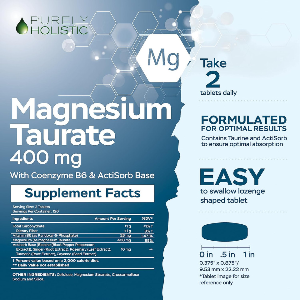 Magnesium Taurate 400Mg Tablets - Chelated Magnesium With Taurine And Coenzyme B6 - High Absorption Complex For Cardiovascular Health, Muscle And Nerve Function - 240 Vegan Tablets