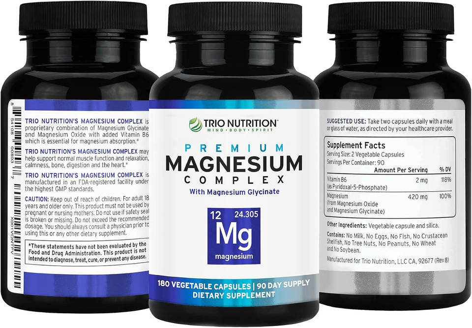 Trio Nutrition Magnesium Complex 90 Day Supply 420 Mg | Calm, Relax, Stress Relief, And Muscle Recovery |Magnesium Glycinate Supplement With Vitamin B6 For Rapid Absorption