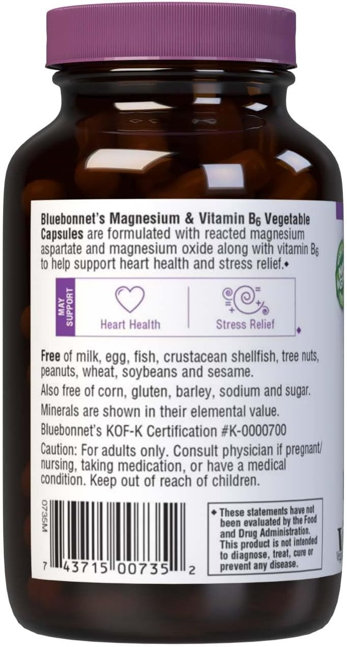 Bluebonnet Magnesium Plus B-6 Vegetarian Capsules, 90 Count