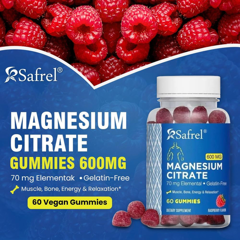 Safrel Magnesium Citrate Gummies - 60 Vegan Gummies, 600Mg Per Serving - Promotes Relaxation, Muscle, Bone, & Energy Support - Adults & Seniors- Raspberry Flavor (Pack Of 1)
