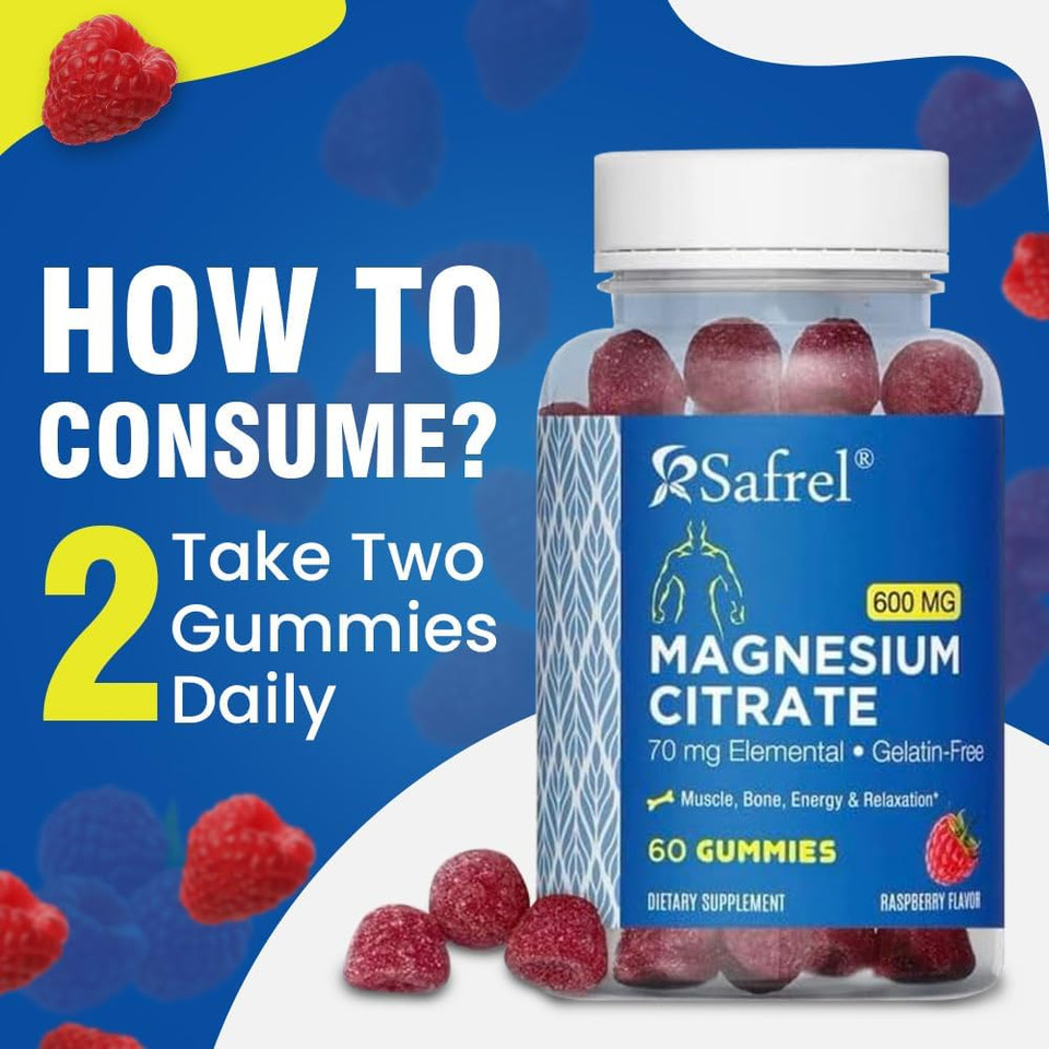 Safrel Magnesium Citrate Gummies - 60 Vegan Gummies, 600Mg Per Serving - Promotes Relaxation, Muscle, Bone, & Energy Support - Adults & Seniors- Raspberry Flavor (Pack Of 1)
