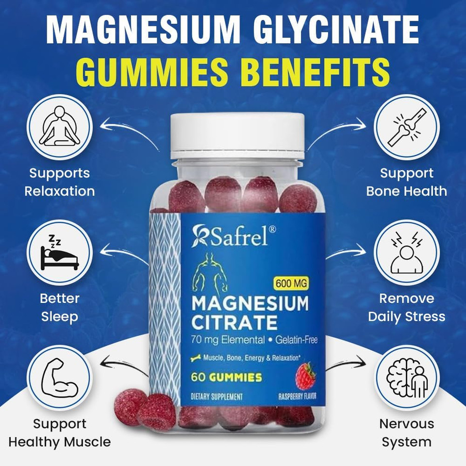 Safrel Magnesium Citrate Gummies - 60 Vegan Gummies, 600Mg Per Serving - Promotes Relaxation, Muscle, Bone, & Energy Support - Adults & Seniors- Raspberry Flavor (Pack Of 1)