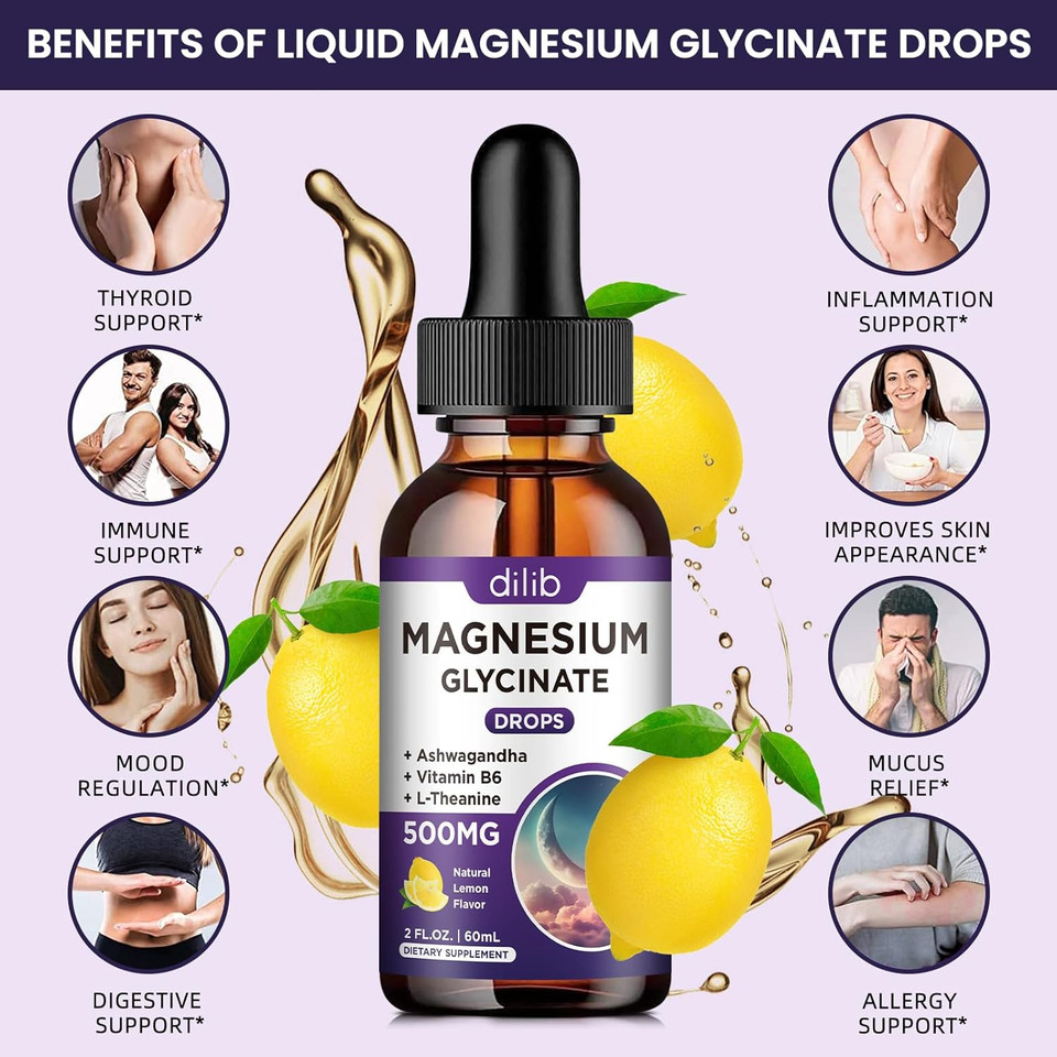 Magnesium Glycinate Supplement, Magnesium Liquid Drops With Magnesium Glycinate 500Mg Vitamin B6, Ashwagandha, L - Theanine, Chamomile -Support Stress Relief, Bone, Muscle, Mood Vegan (Pack Of 2)
