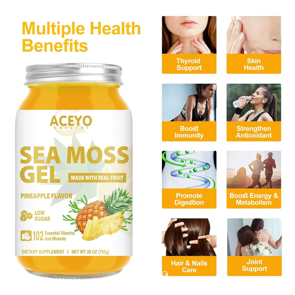 (28 Oz) Sea Moss Gel Organic Raw Flavored Irish Seamoss Gel Natural Vegan Pineapple 102 Vitamins And Minerals Wild Harvested Non-Gmo Immune Defense Booster Thyroid Digestive Support Supplement