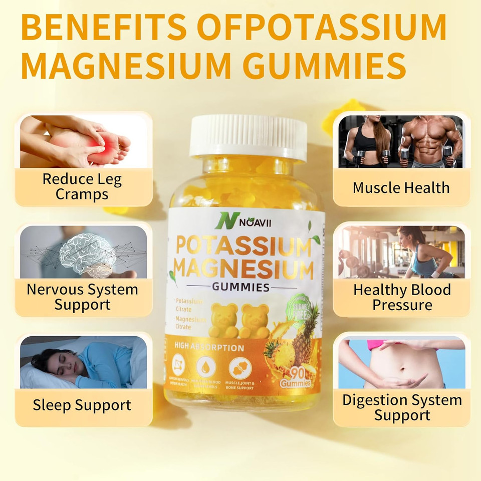 Potassium Magnesium Gummies, New Formula Calm Magnesium Glycinate Gummies, Chewable Gummy Supplements For Leg Cramps & Muscle, Pineapple Flavor 90 Count