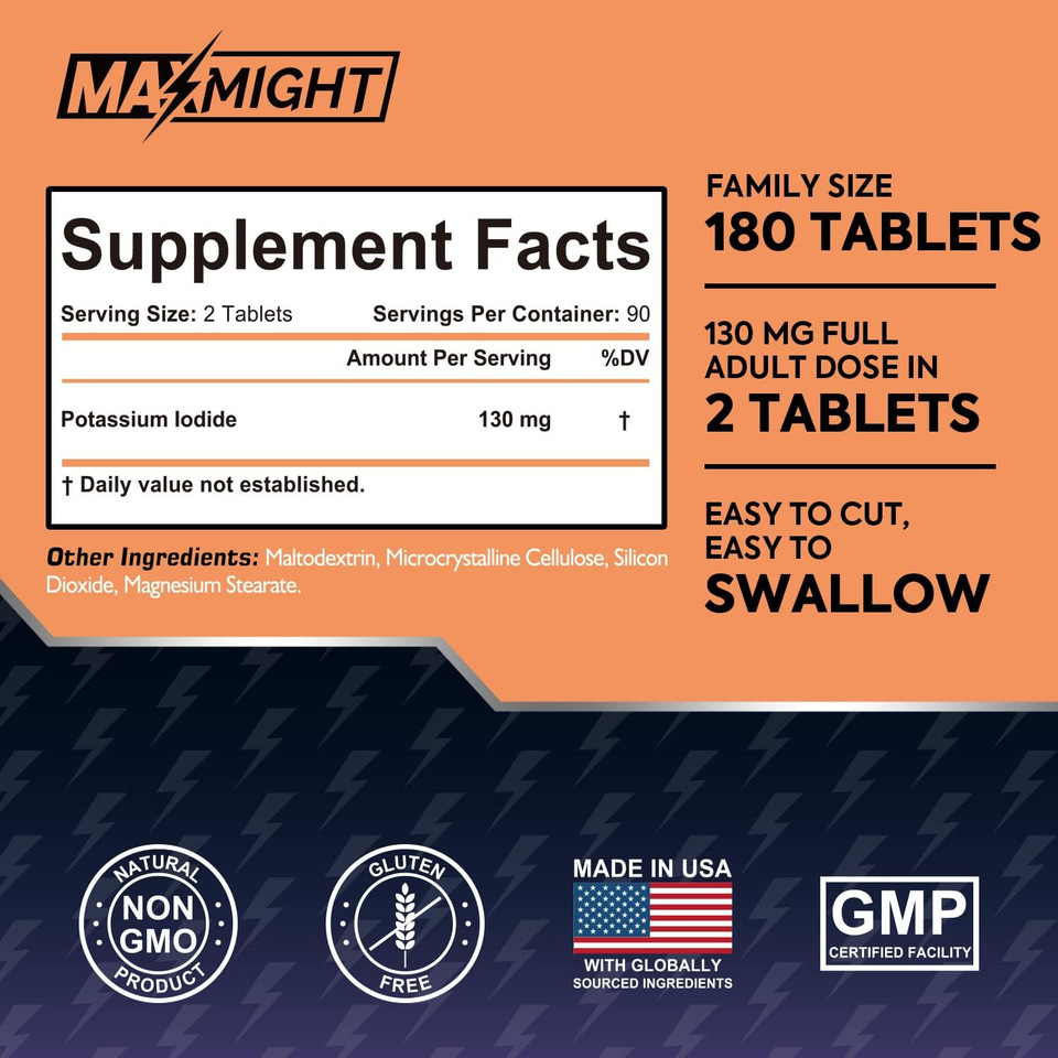 Potassium Iodide 130 Mg, Non-Gmo, Dietary Supplement, 180 Tablets, Up To 6 Month Supply, Potassium Iodide Pills, Yodo Naciente, Made In The Usa