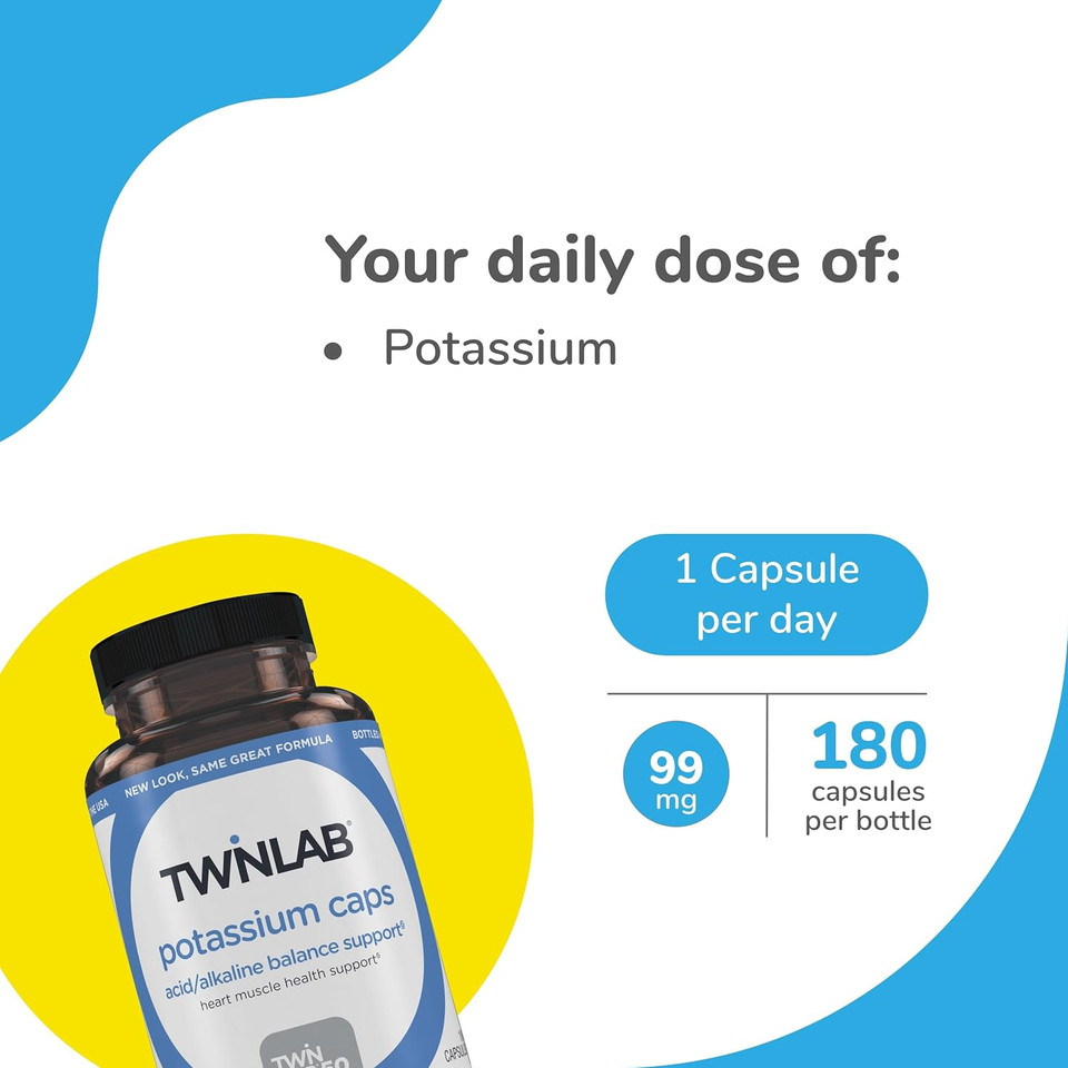 Twinlab Potassium Caps - Electrolyte Supplement For Muscle, Heart & Tissue Health - 180 Capsules, 99 Mg Twinlab Potassium Caps - Electrolyte Supplement For Muscle, Heart & Tissue Health - 180 Capsules, 99 Mg