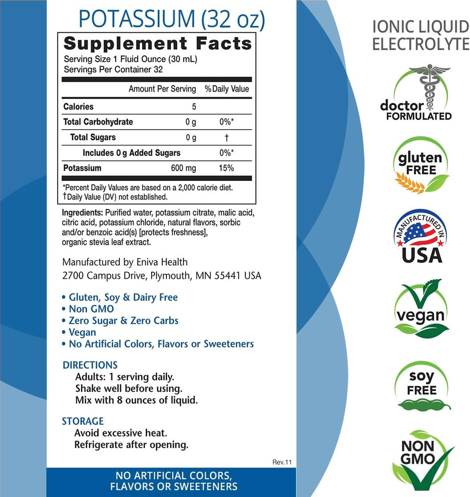 Eniva Health - Liquid Ionic Potassium Supplement For Electrolyte Replacement And Metabolic Support | 600 Mg | Gluten-Free, Sugar-Free And Keto-Friendly | Dietary Supplement (32Oz) - 32 Servings