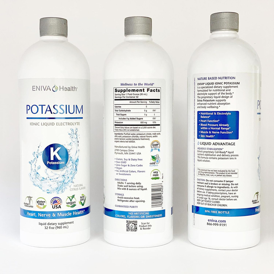 Eniva Health - Liquid Ionic Potassium Supplement For Electrolyte Replacement And Metabolic Support | 600 Mg | Gluten-Free, Sugar-Free And Keto-Friendly | Dietary Supplement (32Oz) - 32 Servings