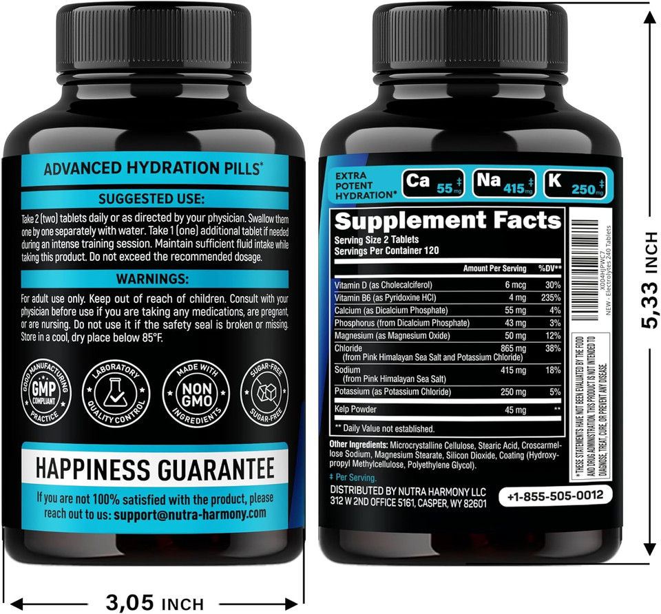 Electrolytes - Electrolyte Tablets With Magnesium, Sodium, Potassium, Chloride, Vitamins D3 & B6, Kelp Powder - Salt Pills - Made In Usa - Oral Tablets As Capsules - Vegan & Keto Friendly - 120 Tabs