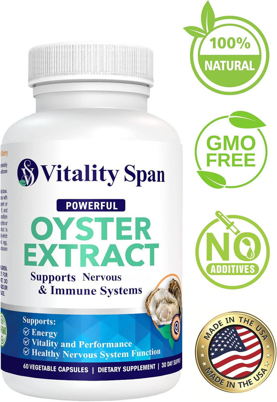 Oyster Extract - Pure, Highly Concentrated Supplement For Men & Women  Supports Energy & Immune Boost; Zinc, Taurine, Amino Acids, And Vitamins, 500 Mg, 60 Veg Capsules, Made In Usa