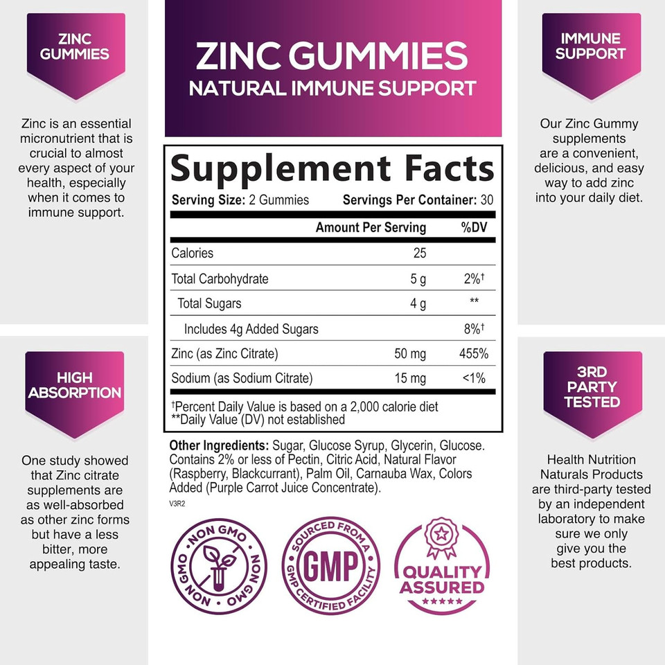 Zinc Gummy For Adults 50Mg, Max Strength Bone, Skin & Immune Support Zinc Gummies, Vegan, Non-Gmo & Gluten Free, Immune Health Support, NatureâS Antioxidant Chewable Zinc Vitamins - 60 Gummies