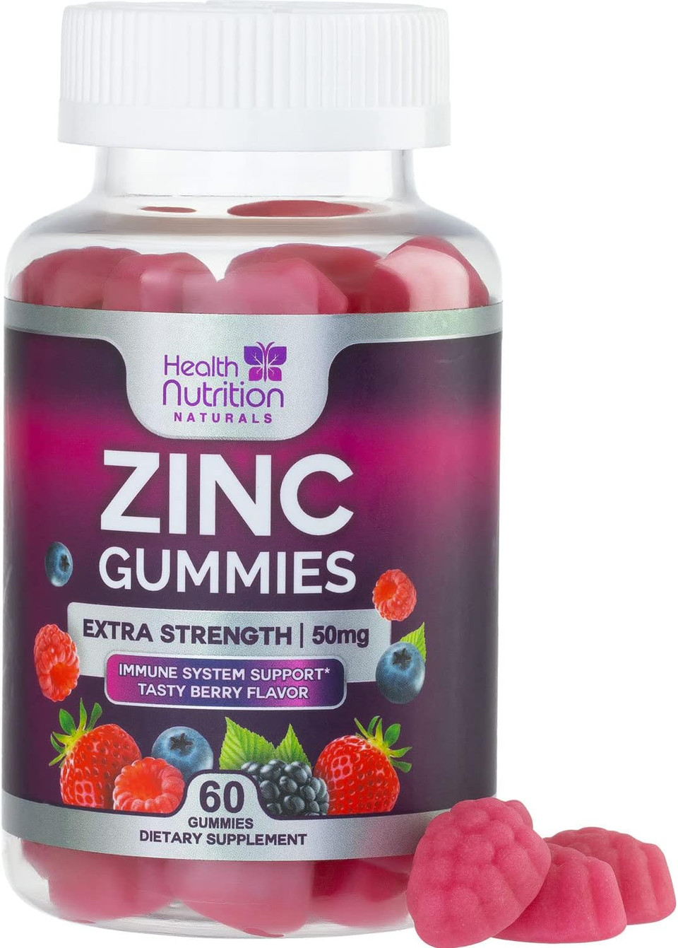Zinc Gummy For Adults 50Mg, Max Strength Bone, Skin & Immune Support Zinc Gummies, Vegan, Non-Gmo & Gluten Free, Immune Health Support, NatureâS Antioxidant Chewable Zinc Vitamins - 60 Gummies