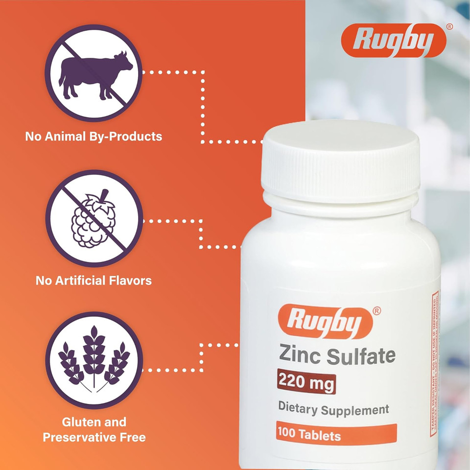 Rugby Zinc Sulfate 220 Mg Tablets - Made With Zinc Sulfate Heptahydrate - Dietary Supplement - 100 Tablets
