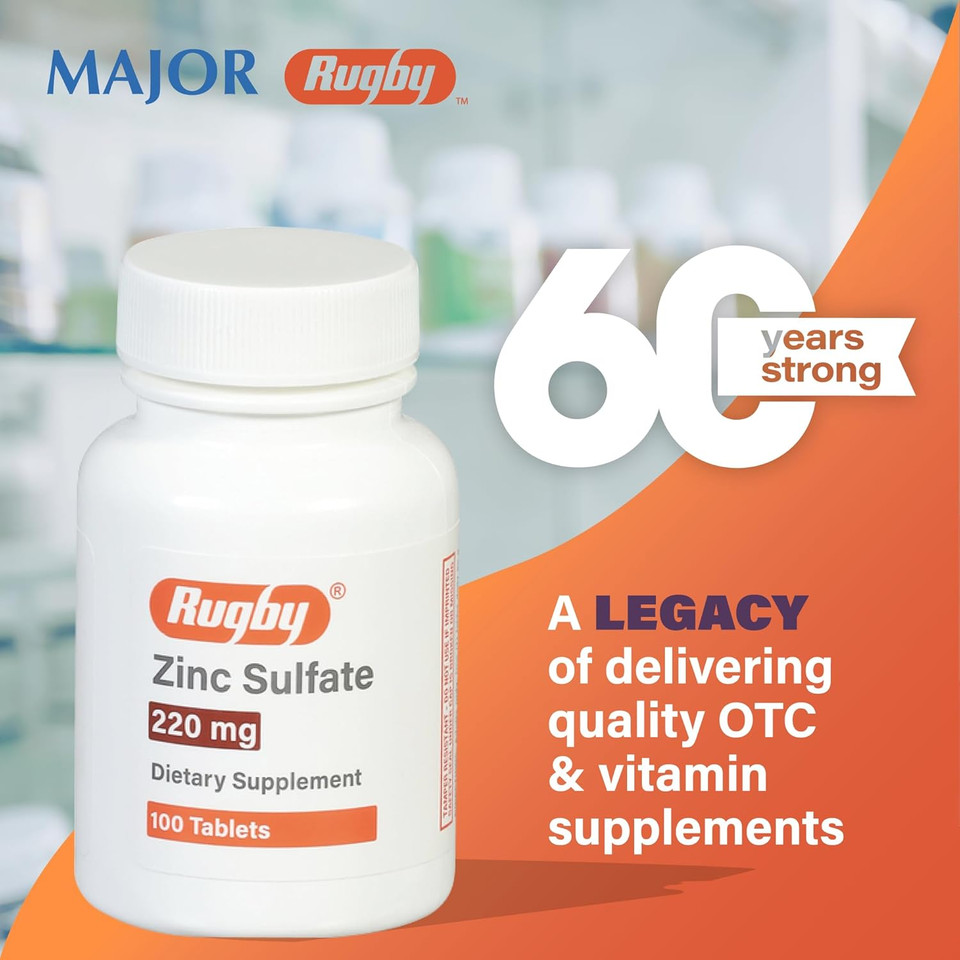 Rugby Zinc Sulfate 220 Mg Tablets - Made With Zinc Sulfate Heptahydrate - Dietary Supplement - 100 Tablets