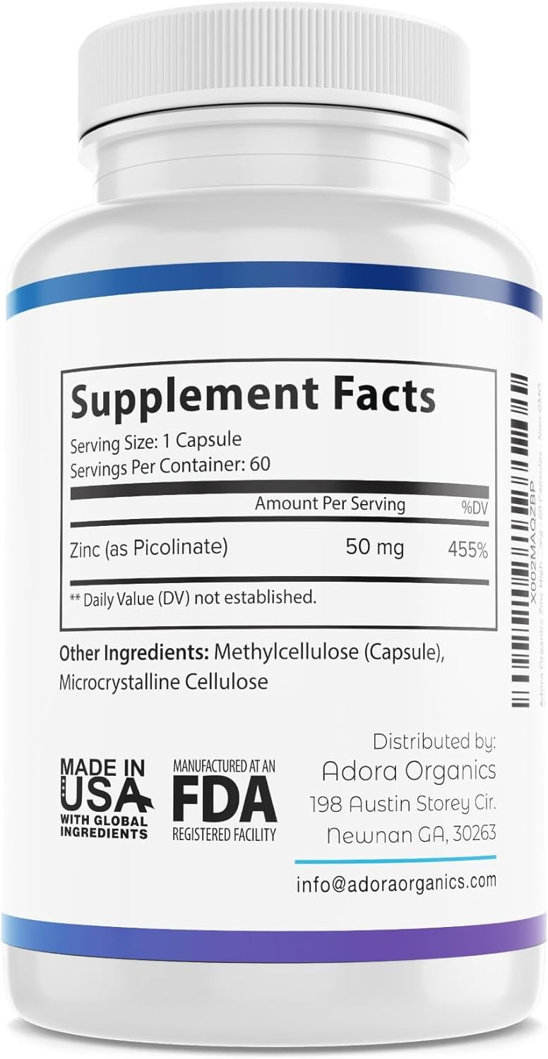 Zinc High Potency, No Gmo, Vitamins For Good Skin, Immune Support Supplement & Antioxidant, Vegan, 50Mg Per Servings, 60 Capsules, Unflavoured