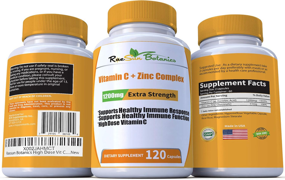 High Dose Extra Strength 1200Mg Vitamin C + Zinc Complex For Immune Support Health 120 Capsule 2 Month Supply Veggie Capsule Non-Gmo Gluten Free Vegan