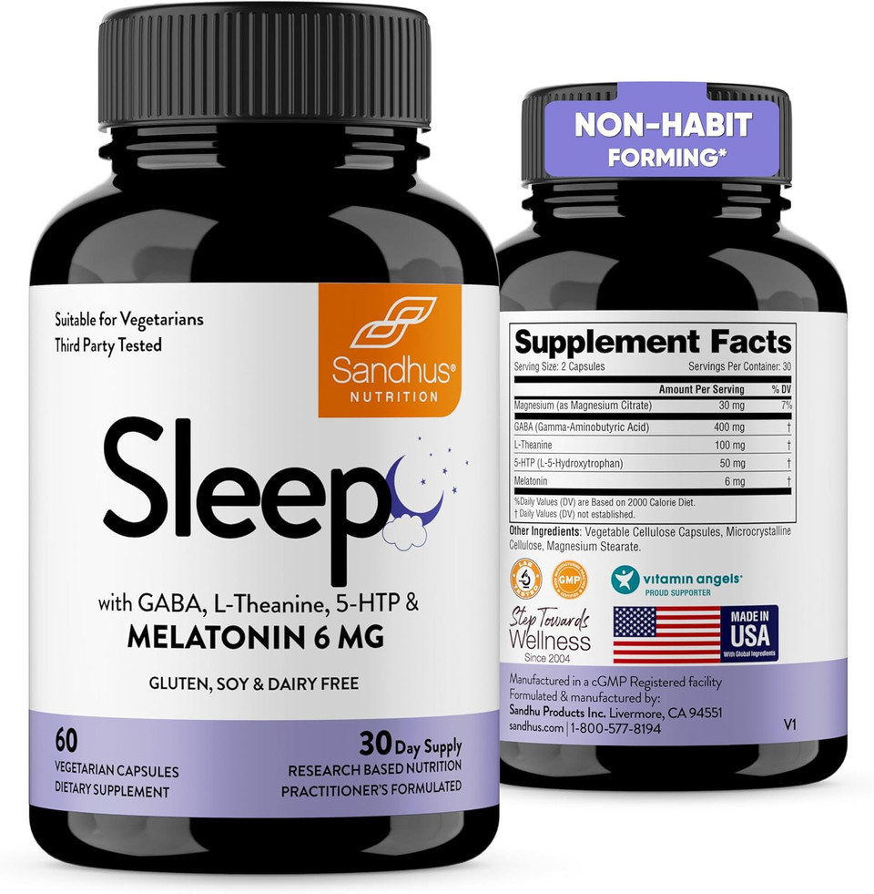 Sandhu'S Sleep 60 Capsules Non-Habit Forming 5-In-1 Sleep Aid Supplement With Melatonin, Magnesium, Gaba, L-Theanine & 5-Htp