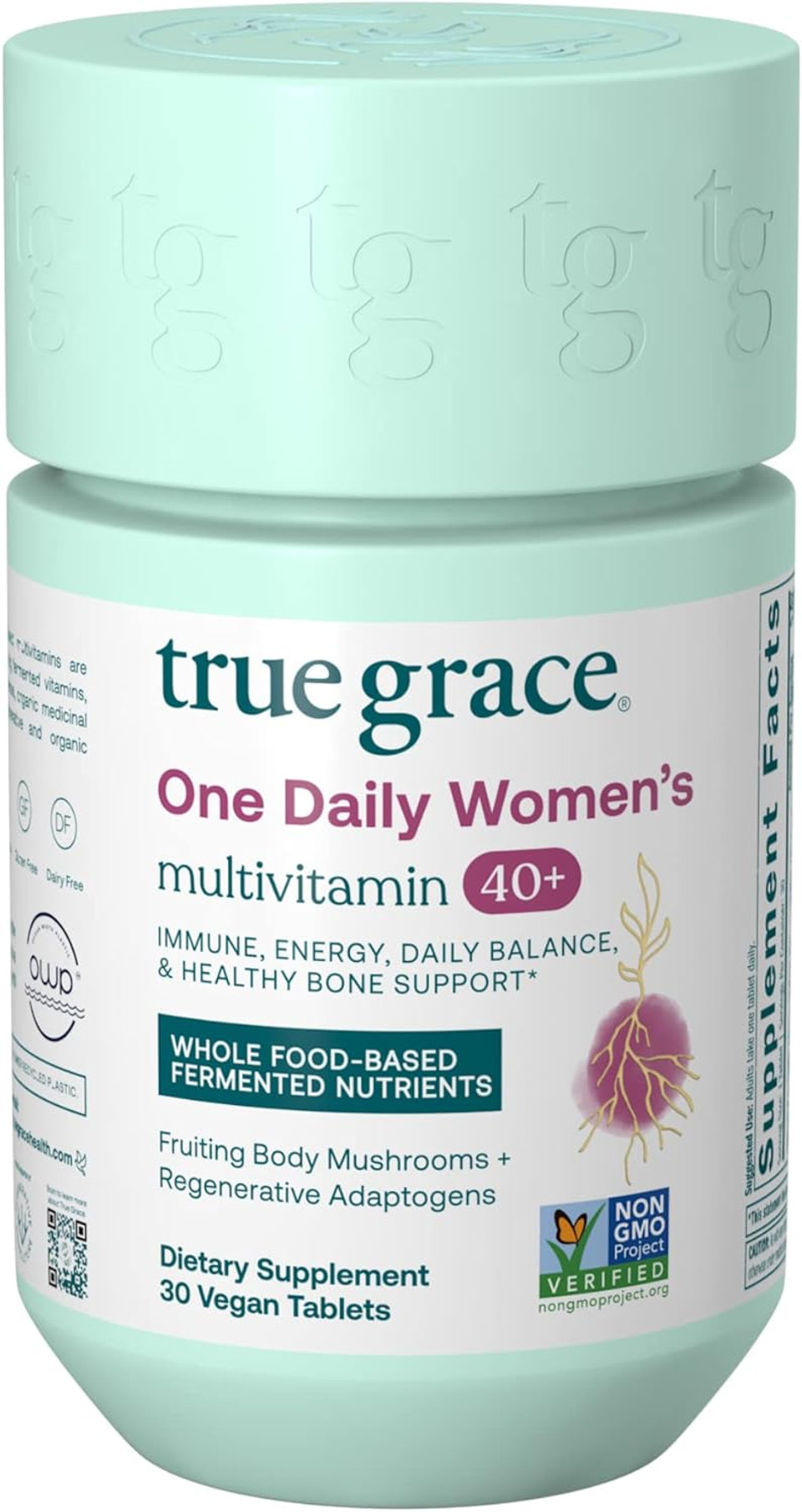 True Grace One Daily WomenâS Multivitamin 40+ Fermented Minerals, Organic Adaptogens & Mushrooms Energy, Immune, Bone, Heart Support - Iron Free, Non-Gmo, Gluten Free, Soy Free - 30 Vegan Tablets