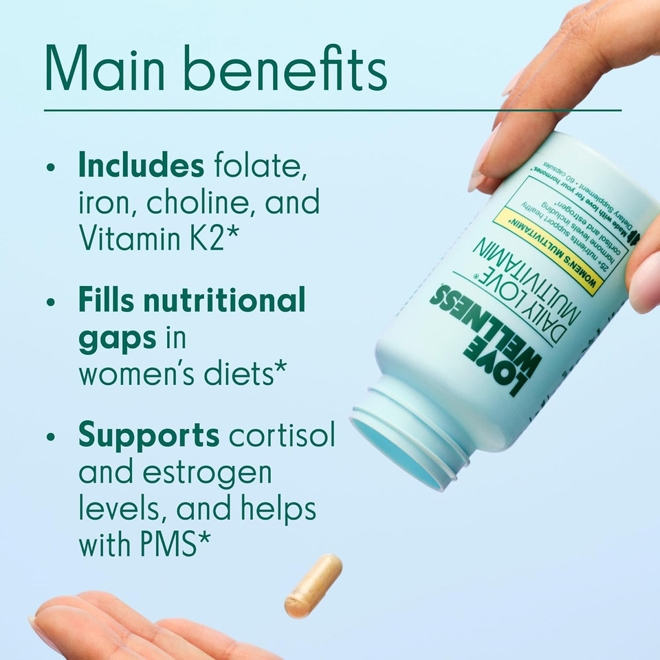Love Wellness Daily Love Multivitamin For Women | Supports Energy, Cortisol, Immune Health, Stress Relief, & Pms | Complete With Vitamin D, C, Iron, Calcium, Zinc, & Biotin, Magnesium | 60 Count