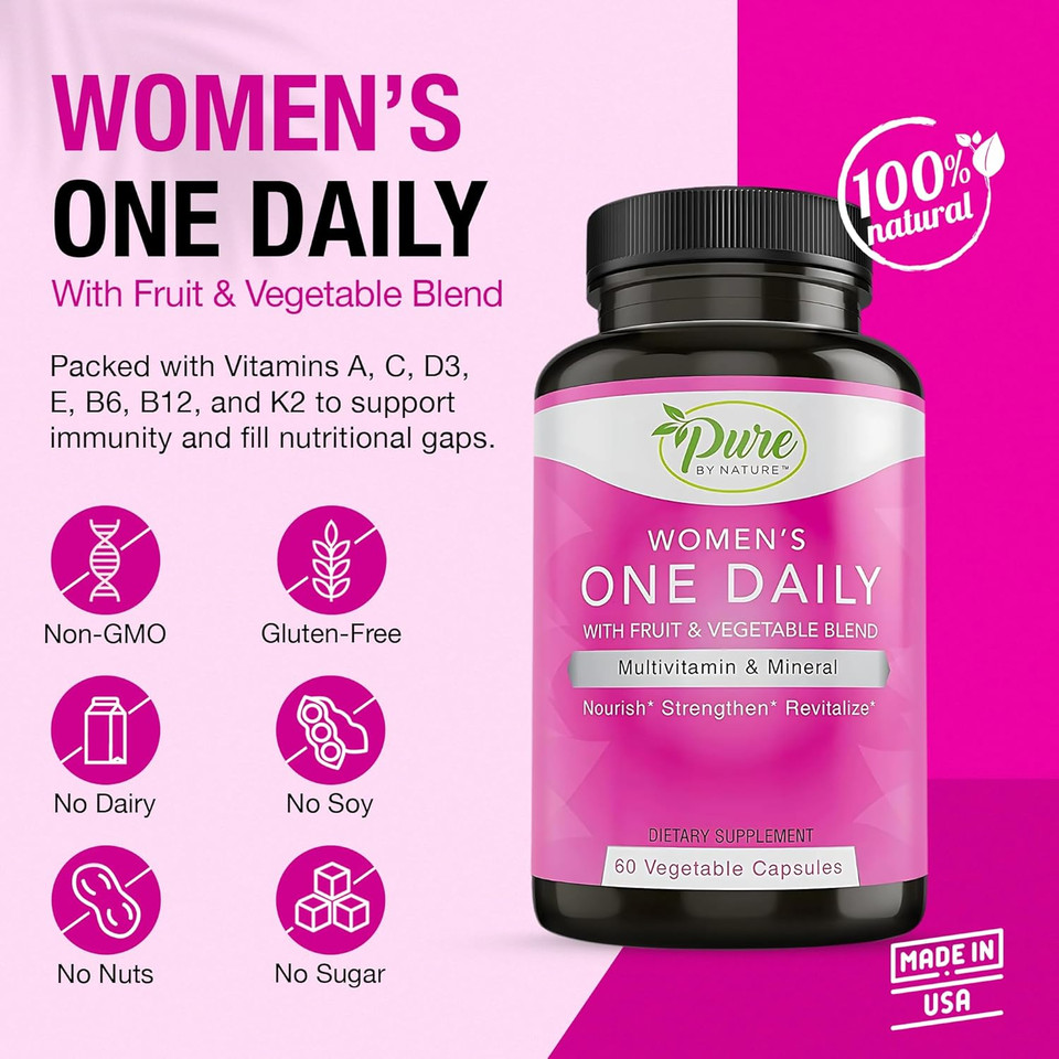 Pure By Nature One-Daily Multivitamin For Women, Immune Support Supplement With Non-Gmo Ingredient, Vitamin & Minerals For Energy, 60 Veggie Capsules