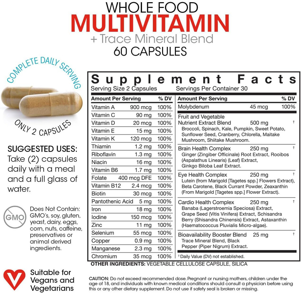Silver Fern Whole Food Daily Multi Vitamin W/Trace Mineral Blend Supplement - 1 Bottle - 60 Vegicaps - 30 Day Supply - Natural, Non-Gmo, Vegan, Men'S & Women'S Multivitamin - Zero Synthetics
