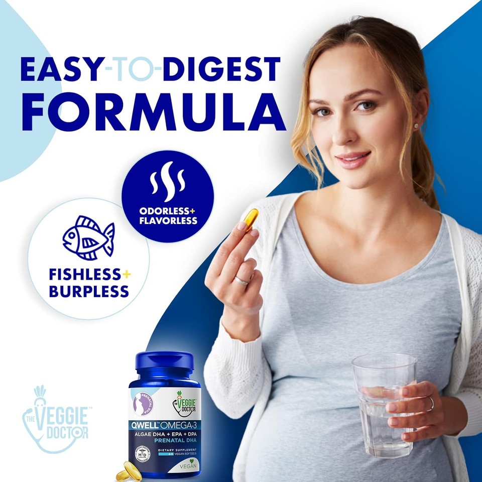 Vegan Prenatal Vitamins With Dha (60 Count) Omega-3  Qwell Better Than Fish Oil, Brain Function  820 Mg Algae Dha & Epa, Vegan Prenatal Vitamins With Vitamin E, Carrageenan-Free