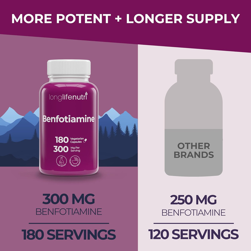 Benfotiamine 300Mg  180 Vegetarian Capsules, 6-Month Supply, Fat-Soluble B1 Thiamine Supplement For Energy And Wellness, Lab Tested, Made In Usa