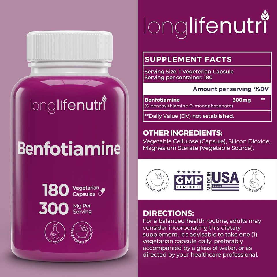 Benfotiamine 300Mg  180 Vegetarian Capsules, 6-Month Supply, Fat-Soluble B1 Thiamine Supplement For Energy And Wellness, Lab Tested, Made In Usa