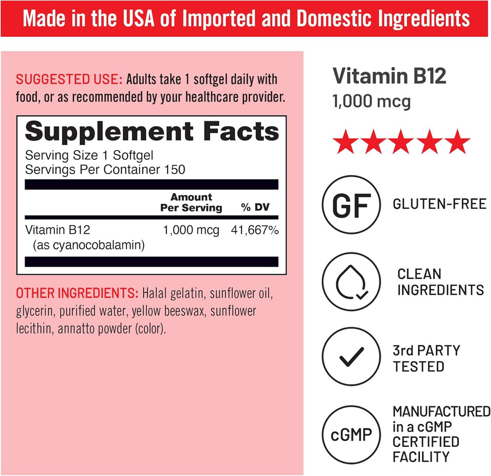 Naturewise Vitamin B12 1000 Mcg - Dietary Supplement For Supporting Energy Metabolism, Mental Clarity, Nervous System Health - Easy-To-Swallow, Soy & Gluten-Free, Non-Gmo - 150 Count[150-Day Supply]