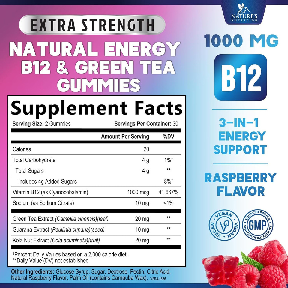 Energy Gummies Vitamin B12, Green Tea Natural Caffeine Support, Extra Strength 1000 Mcg Daily Energy Vitamins, Delicious Berry Flavor Gluten Free Chewable Supplement For Cycling & Running - 60 Chews