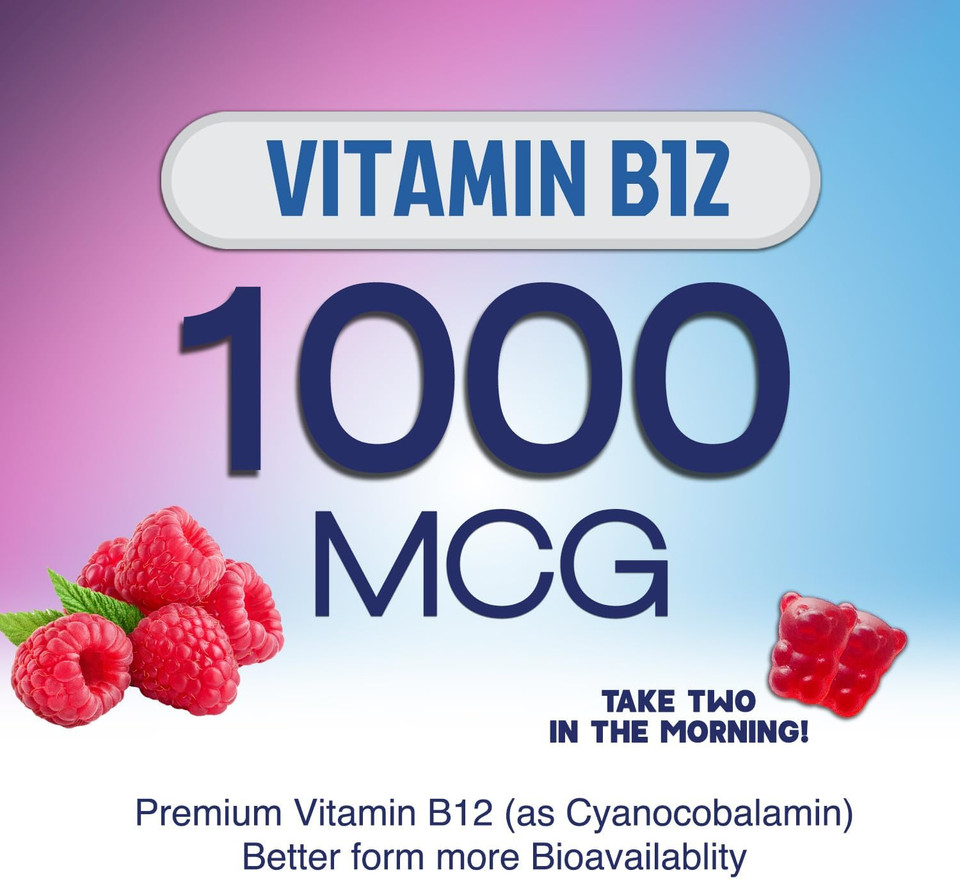 Energy Gummies Vitamin B12, Green Tea Natural Caffeine Support, Extra Strength 1000 Mcg Daily Energy Vitamins, Delicious Berry Flavor Gluten Free Chewable Supplement For Cycling & Running - 60 Chews