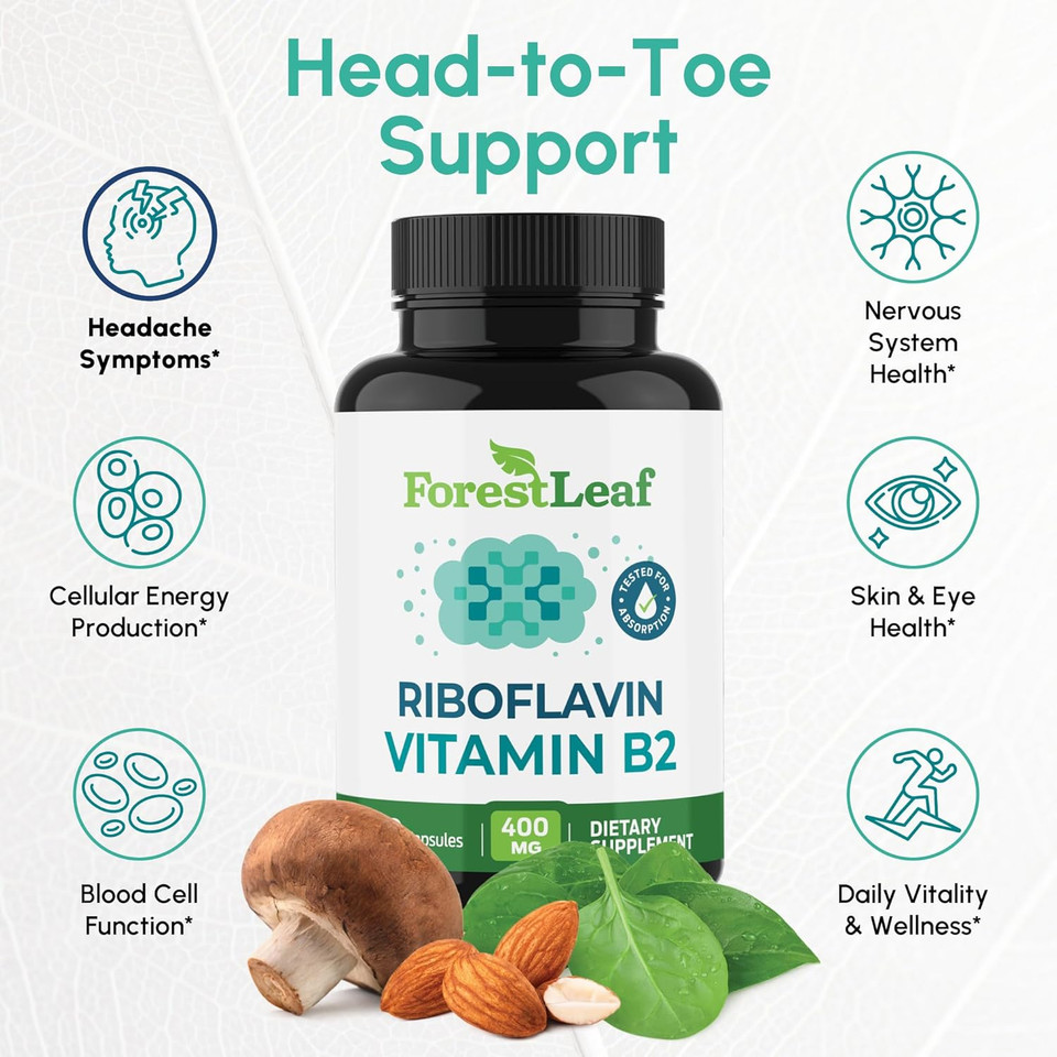 Forestleaf Vitamin B2 Riboflavin 400Mg - Energy, Skin & Cellular Health Supplement - Nervous System Support - Vitamin B 2 Vit B - Non-Gmo & Gluten Free - B2 Vitamin 400Mg Vegetable Capsules, 90 Count