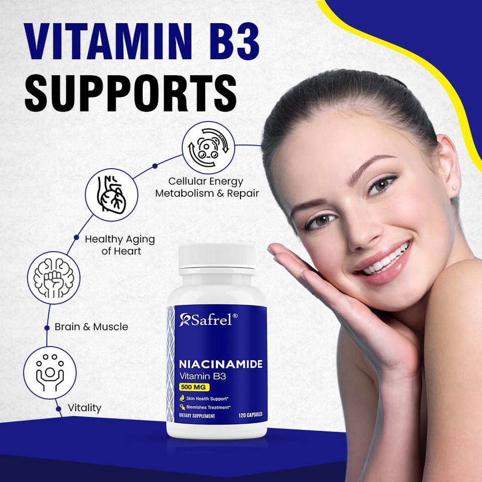 Safrel Niacinamide 500Mg (Vitamin B3) - 120 Capsules - Skin Health & Blemish Support - Non-Gmo, Gluten-Free - Flush-Free Formula - For Men And WomenâS Health