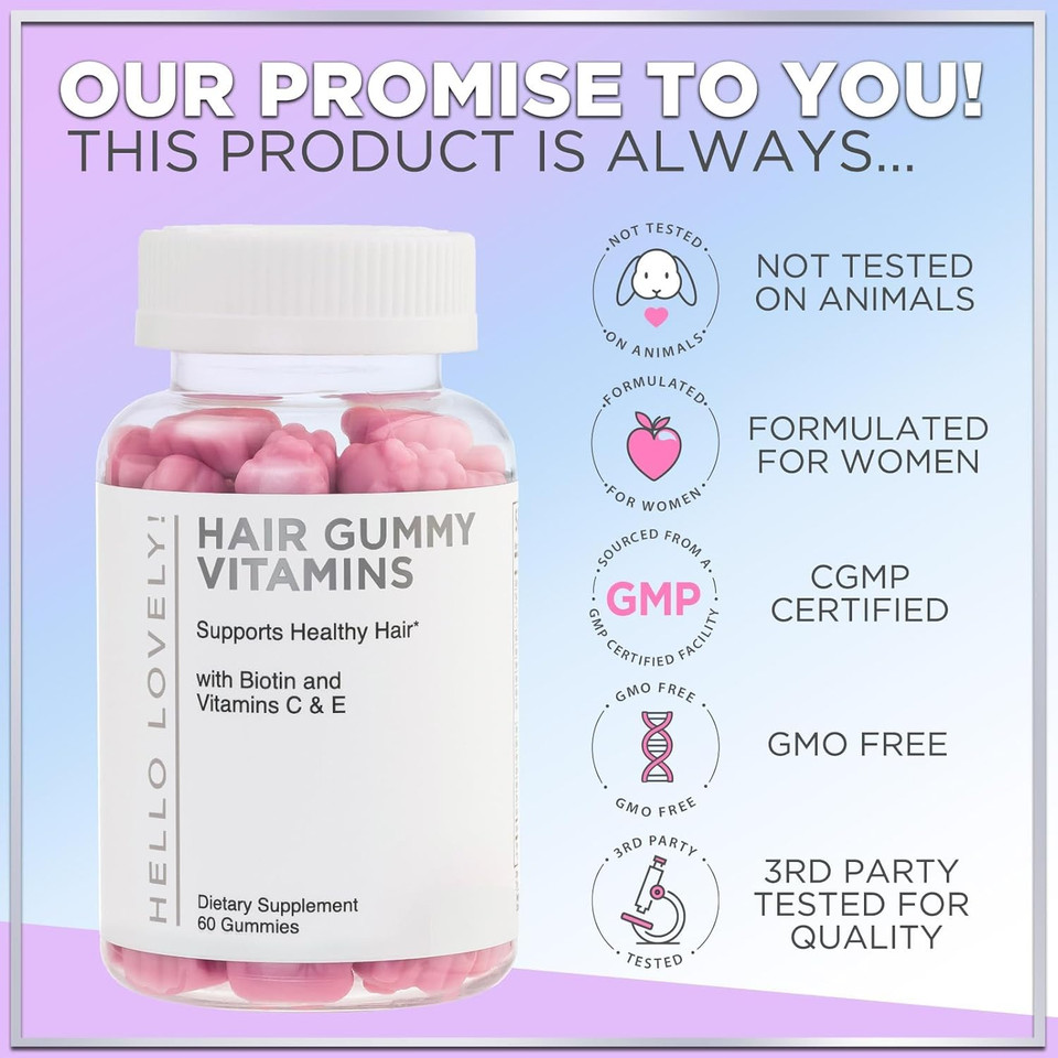Hello Lovely! Hair Vitamins Gummy With Biotin 5000 Mcg Vitamin E & C Support Hair Growth, Premium Vegetarian Non-Gmo, For Stronger Beautiful Hair, Skin & Nails Supplement - 60 Bear Gummies