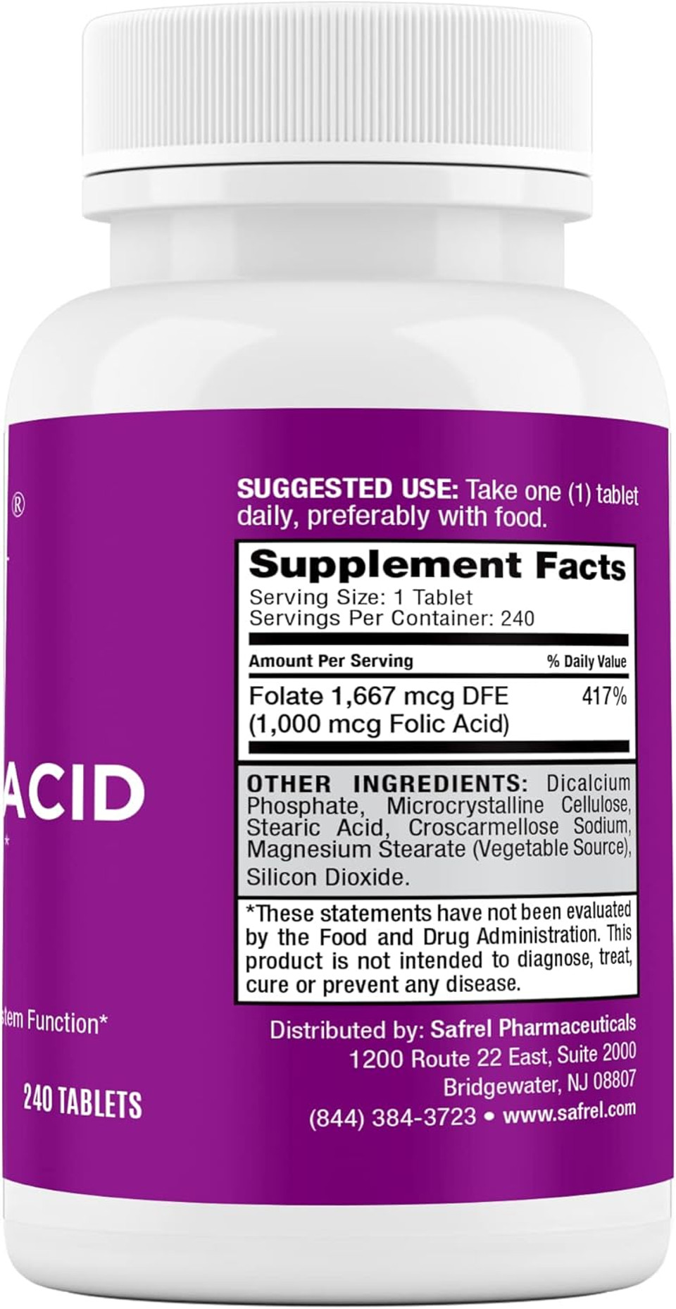 Safrel Folic Acid 1000 Mcg (1 Mg) - Vitamin B9-240 Tablets, Essential Prenatal And Postnatal Vitamin For Fetal Development, Red Blood Cell Production, Cell And Neural Development | Non-Gmo, Vegan