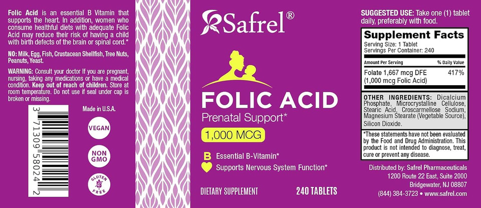 Safrel Folic Acid 1000 Mcg (1 Mg) - Vitamin B9-240 Tablets, Essential Prenatal And Postnatal Vitamin For Fetal Development, Red Blood Cell Production, Cell And Neural Development | Non-Gmo, Vegan