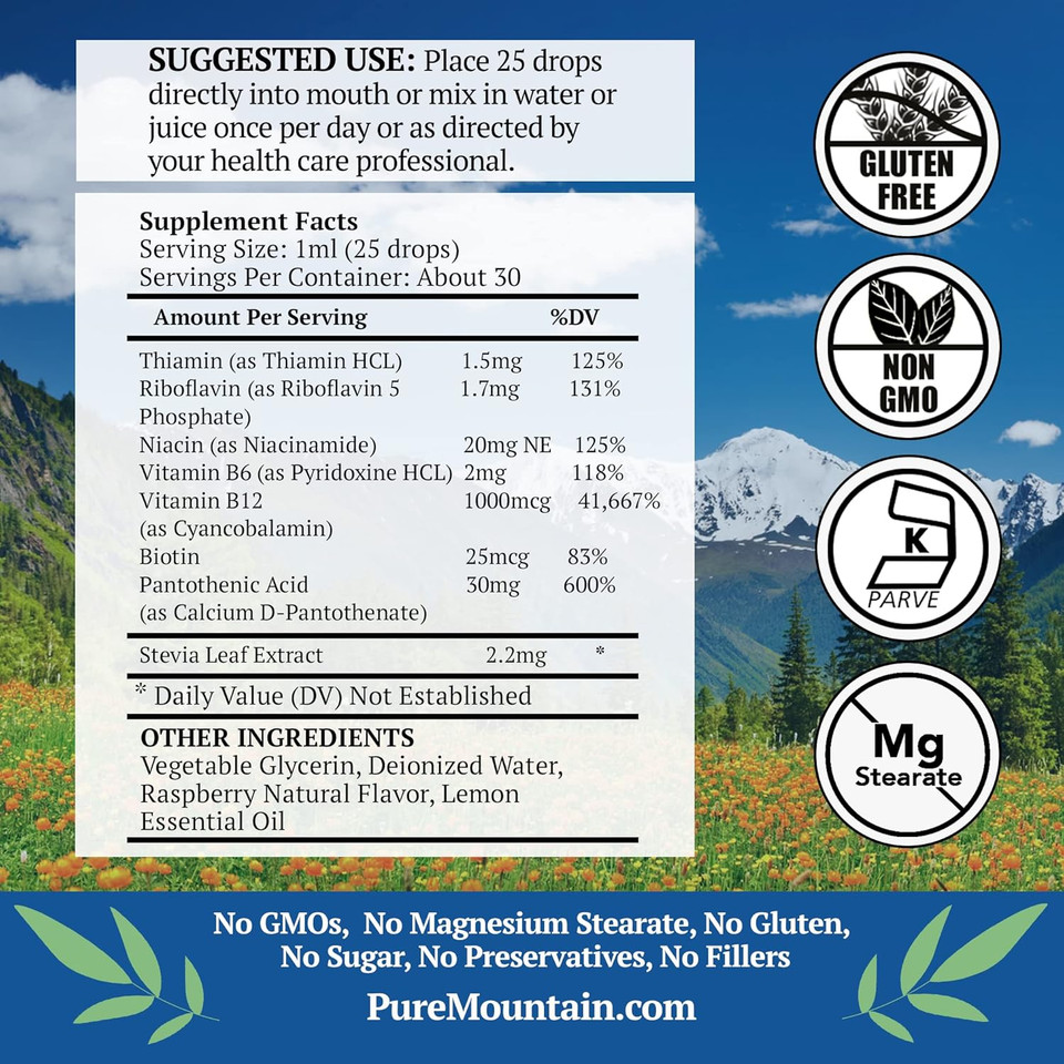 Pure Mountain Botanicals Liquid Vitamin B Complex - Raspberry Flavor Kosher B Complex Vitamin With B12, B6, Thiamin, Biotin, Niacin - 1Oz Bottle
