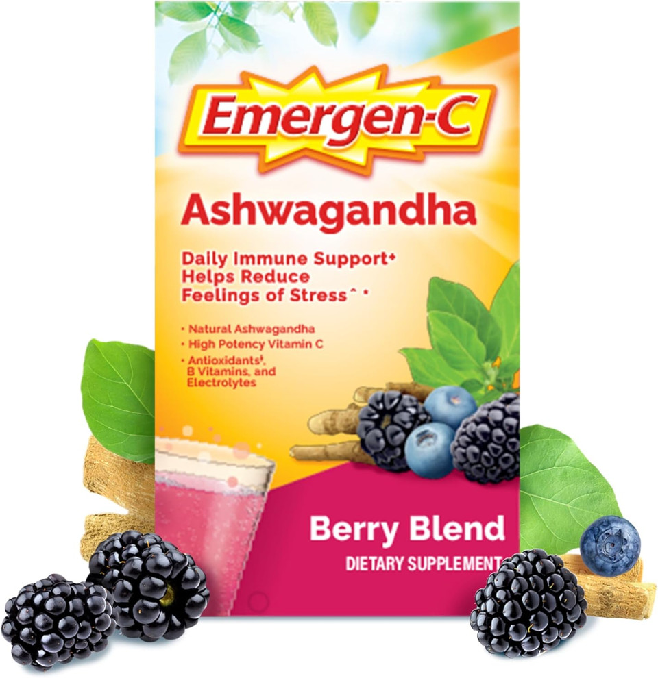 Emergen-C Vitamin C Ashwagandha Drink Mix, Dietary Supplement For Immune Support, Berry Blend - 18 Count